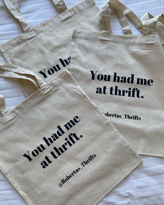 The most adorable ‘You had me at thrift’ tote bag